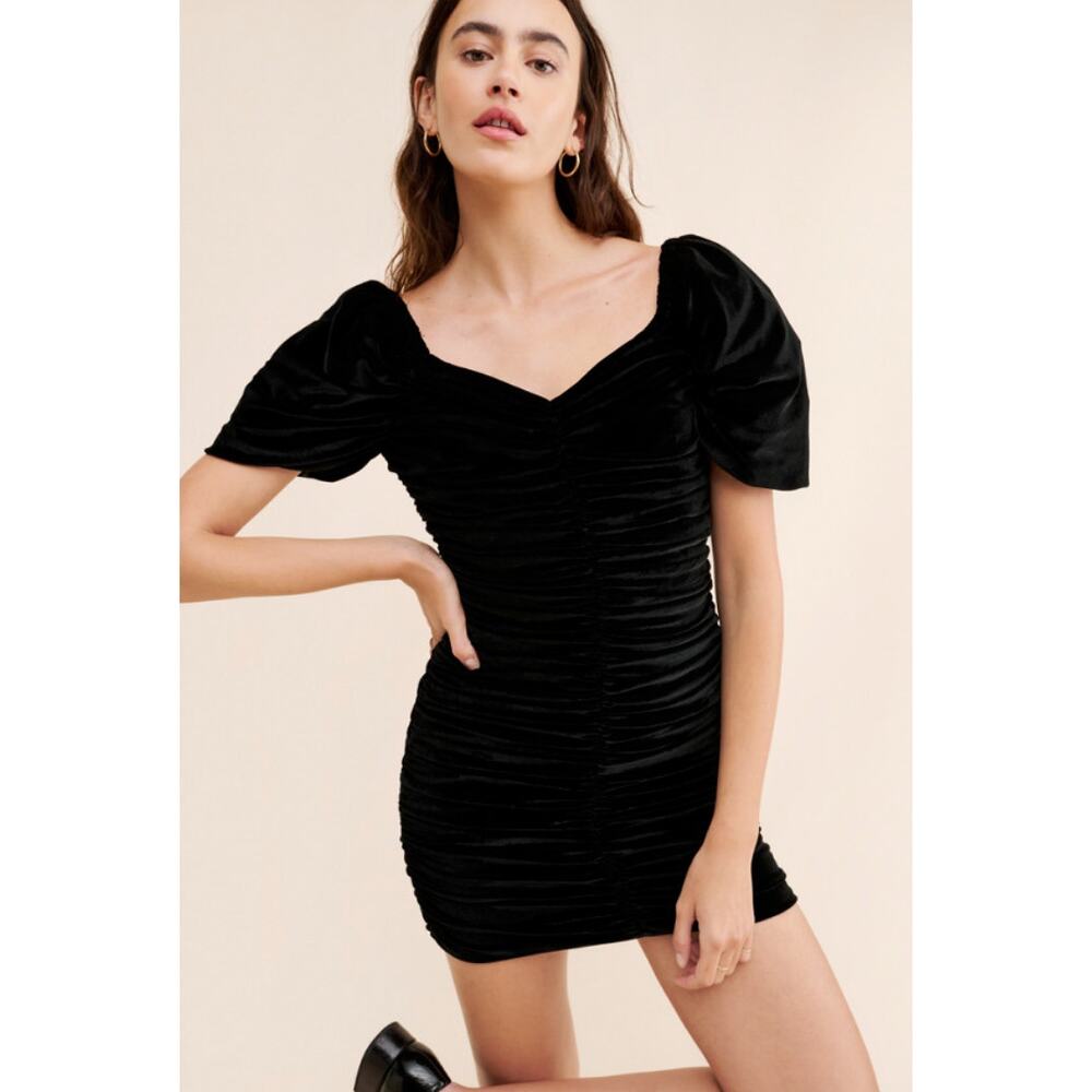 Hutch Sz 6 Ruched Puff-Sleeved Mini Dress Black Velvet $230 Homecoming Prom